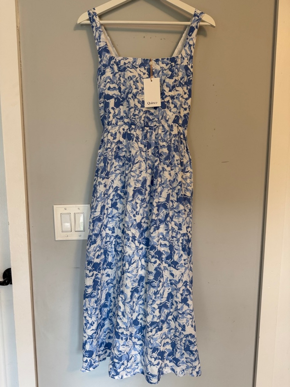 Quince Blue and White Floral Maxi Dress with Square Neck
